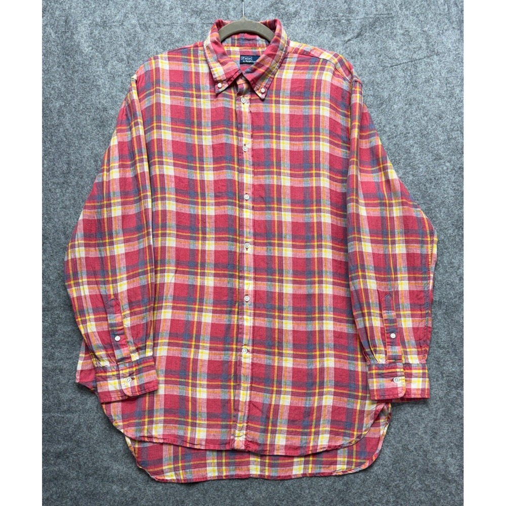 Vintage Ralph Lauren Plaid Shirt Red Long Sleeve Button Down Mens L/XL Madras